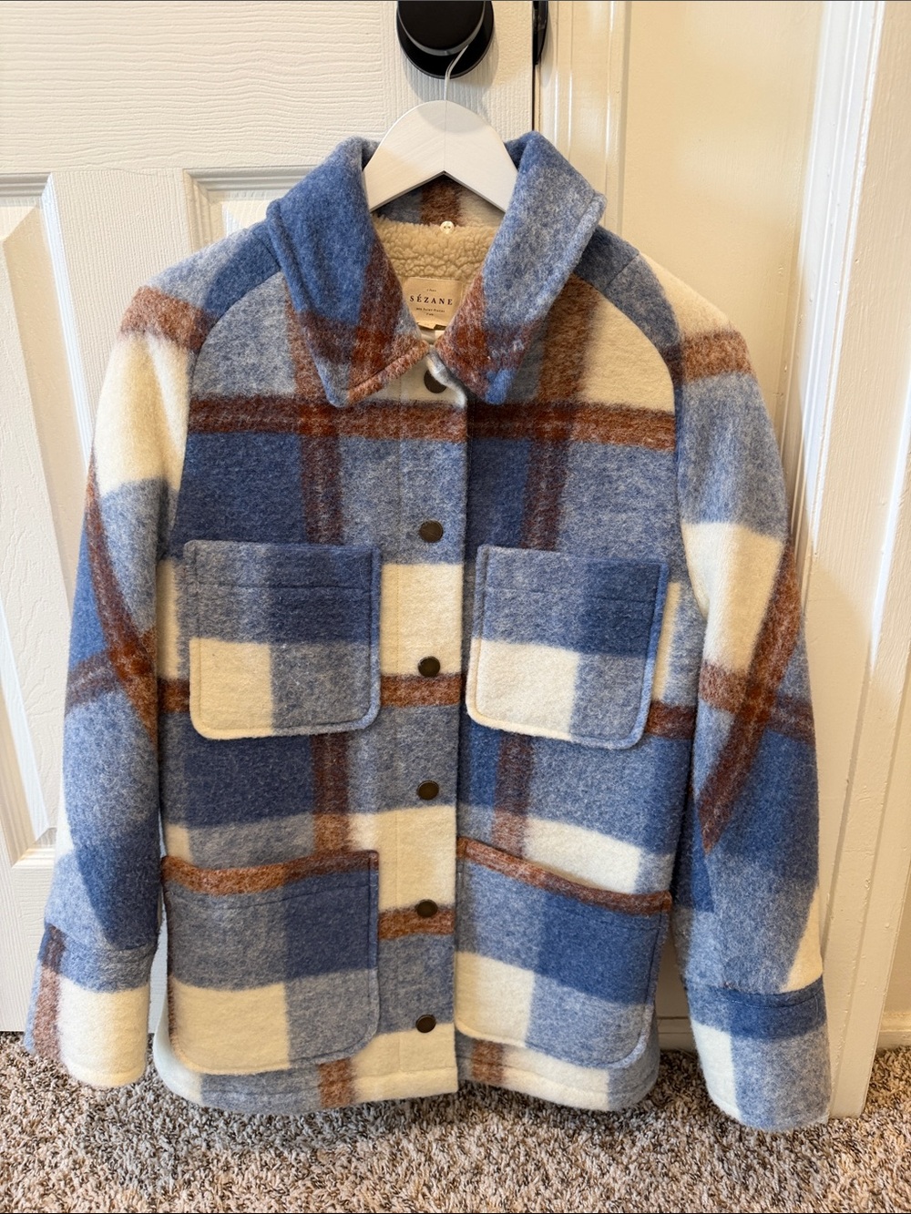 Sezane Plaid Wool Shacket in Blue, Cream & Brown